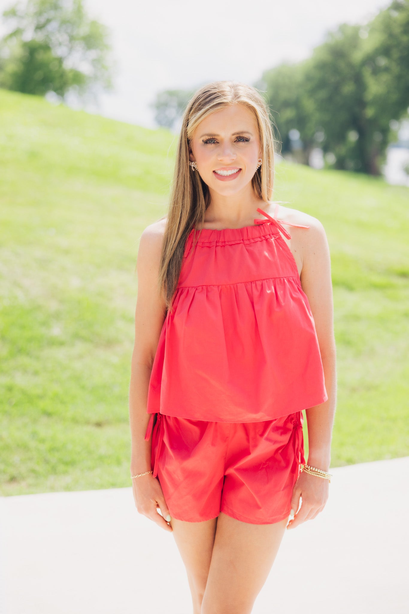 Red Poplin Ribbon Short Set